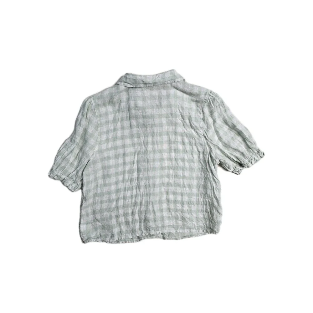 Laura Ashley Linen Blouse Women's L Green White Cropped Cottagecore - Picture 2 of 3